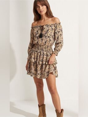 Patrons Of Peace Floral Boho Tiered Off-The-Shoulder Mini Dress, size S